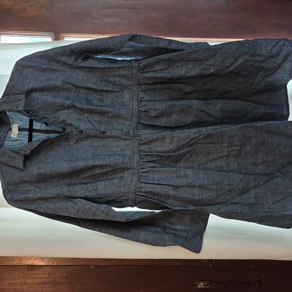 Button Front Lg. Petite Babydoll Blue Chambray Shirtdress Cotton Dress Mini - Picture 9 of 9